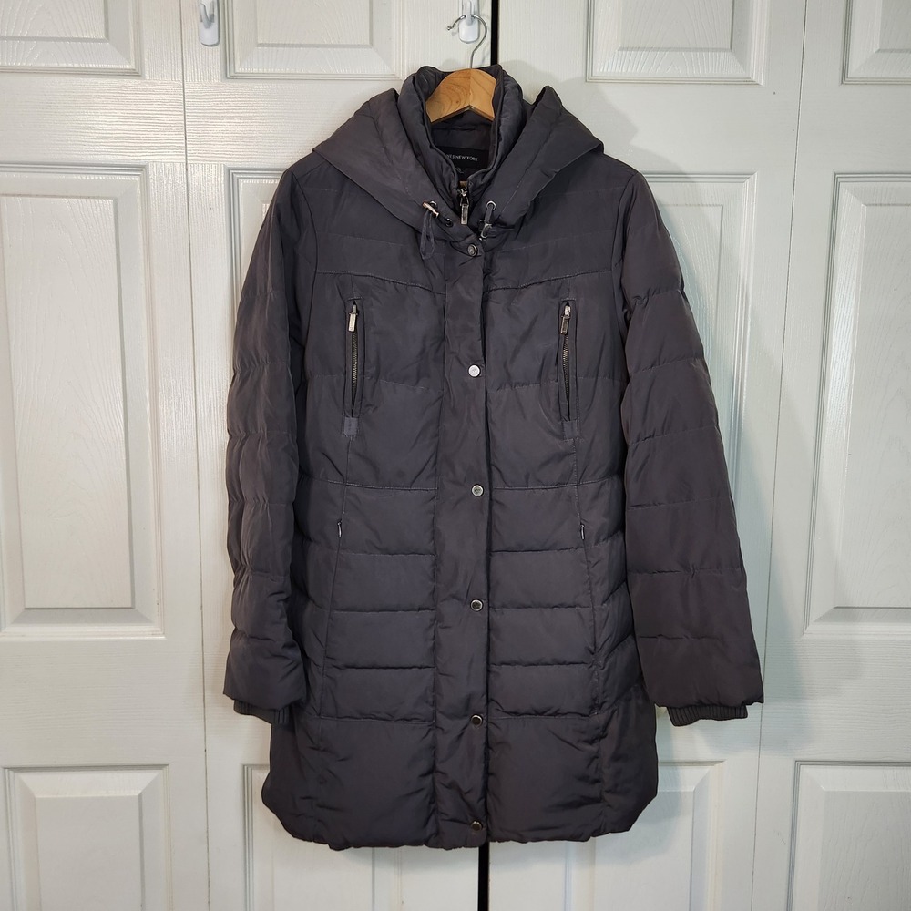 Jones New York Womens Charcoal Gray Down Hooded Puffer Coat Quilted Parka Large